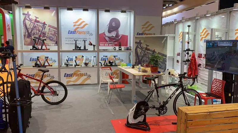 EASTPARTS booth with bikes and smart trainer demo at China Cycle 2019, Shanghai
